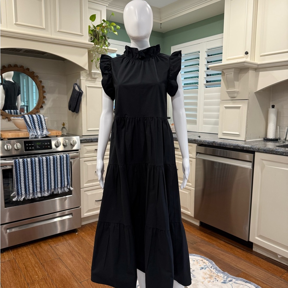 Chepè Italy 100% Cotton Chic Black Ruffle Midi Dress XS